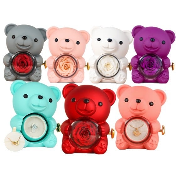 Ölelős maci és rózsa ékszerdoboz gyűrű- és nyaklánctároláshoz, tartós virágos ajándékdoboz, műanyag ékszertartó csomagolás