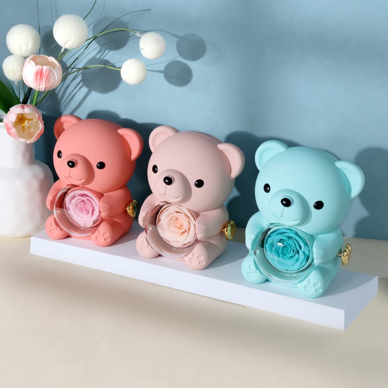 Ölelős maci és rózsa ékszerdoboz gyűrű- és nyaklánctároláshoz, tartós virágos ajándékdoboz, műanyag ékszertartó csomagolás