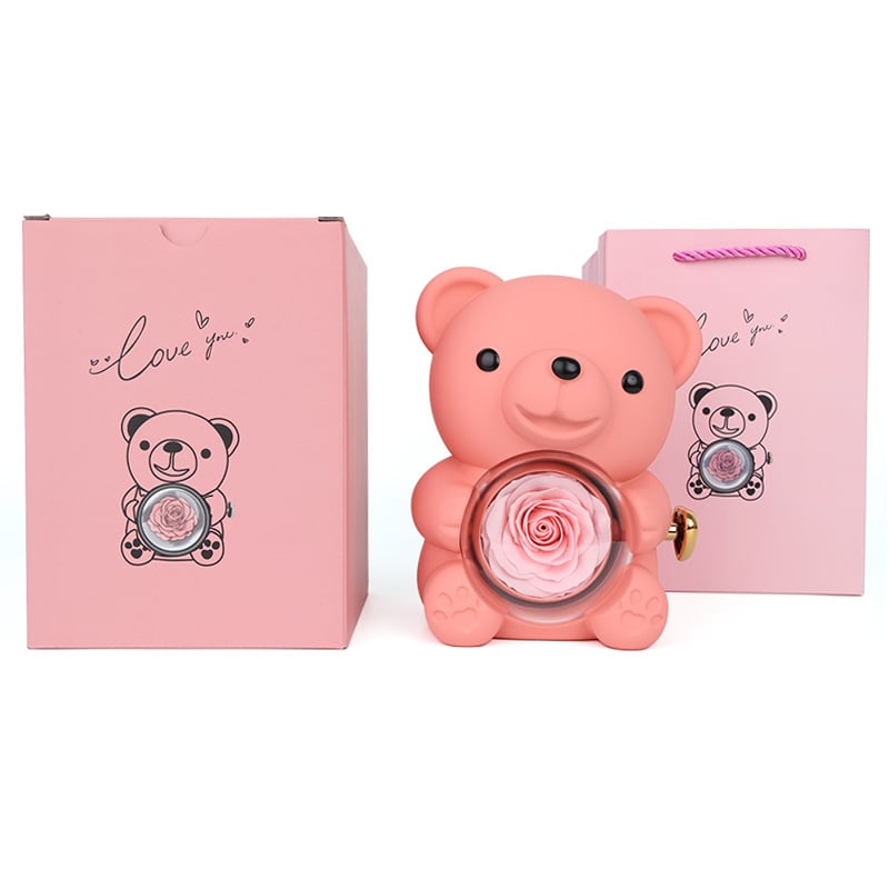 Ölelős maci és rózsa ékszerdoboz gyűrű- és nyaklánctároláshoz, tartós virágos ajándékdoboz, műanyag ékszertartó csomagolás