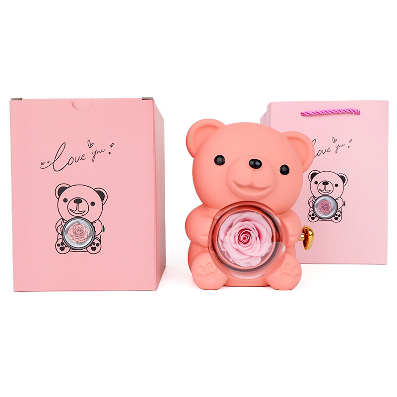 Ölelős maci és rózsa ékszerdoboz gyűrű- és nyaklánctároláshoz, tartós virágos ajándékdoboz, műanyag ékszertartó csomagolás