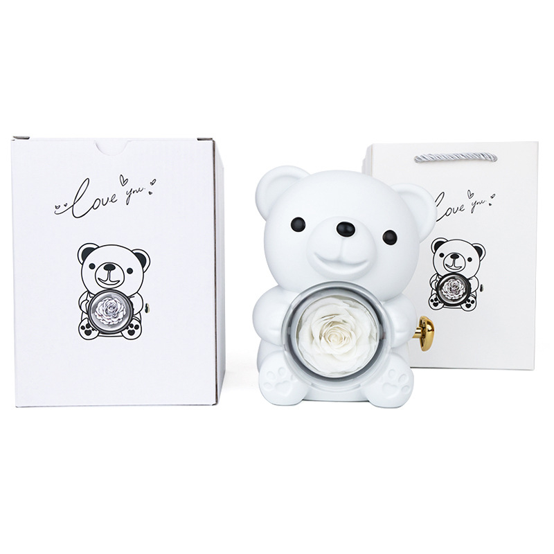 Ölelős maci és rózsa ékszerdoboz gyűrű- és nyaklánctároláshoz, tartós virágos ajándékdoboz, műanyag ékszertartó csomagolás