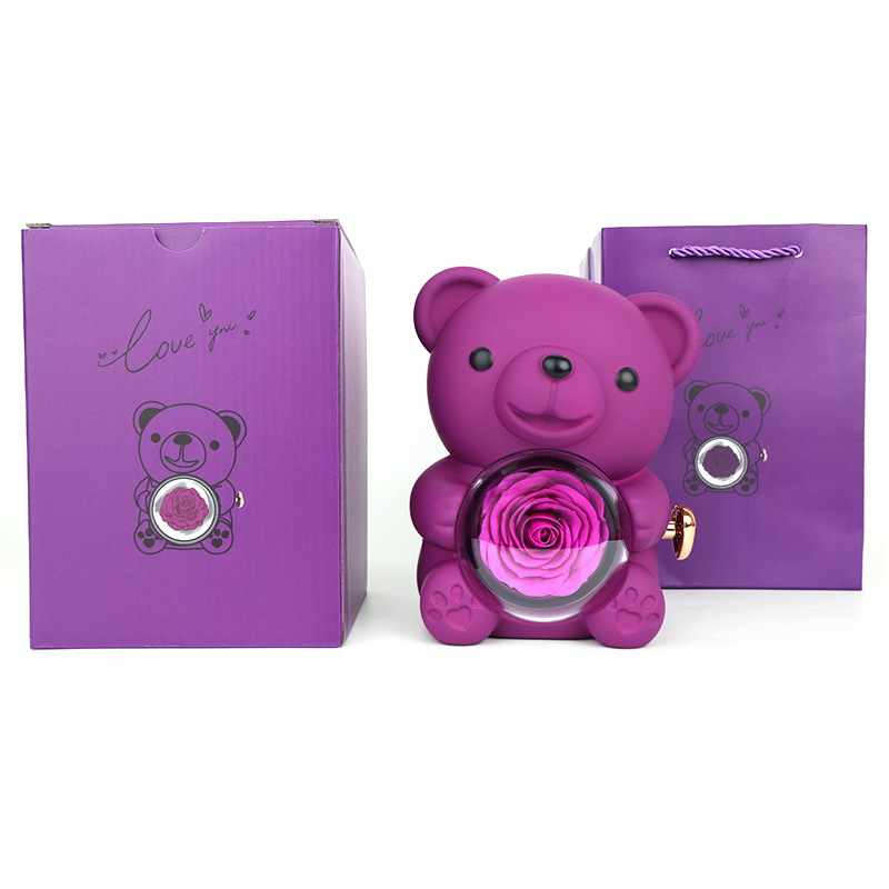 Ölelős maci és rózsa ékszerdoboz gyűrű- és nyaklánctároláshoz, tartós virágos ajándékdoboz, műanyag ékszertartó csomagolás