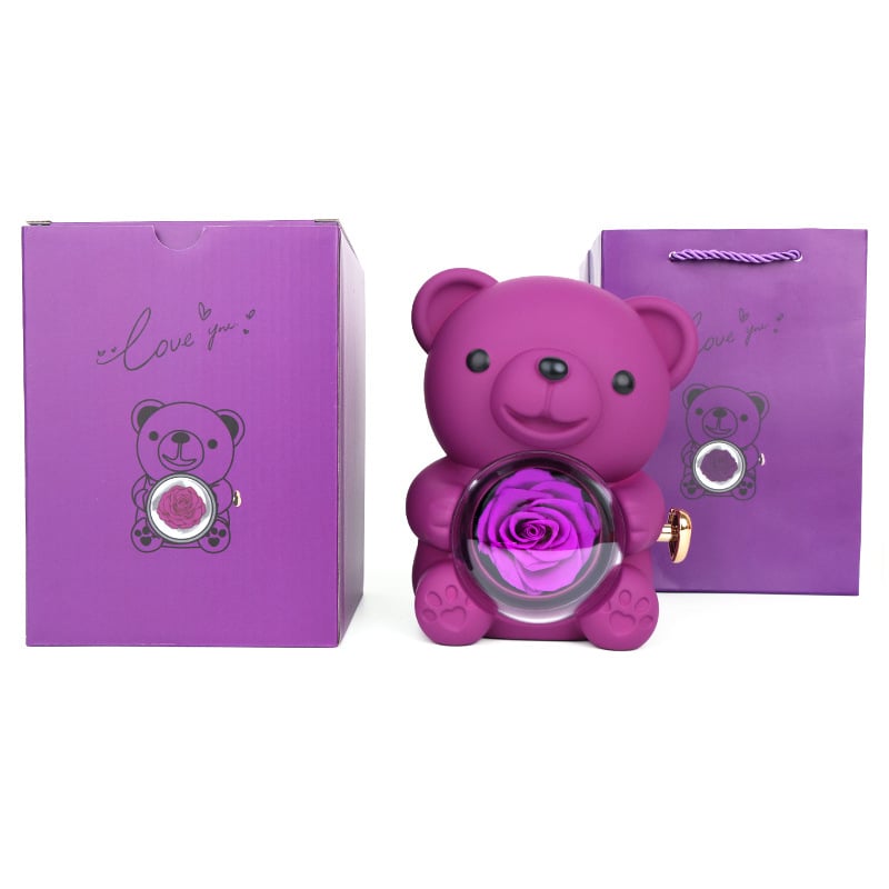 Ölelős maci és rózsa ékszerdoboz gyűrű- és nyaklánctároláshoz, tartós virágos ajándékdoboz, műanyag ékszertartó csomagolás