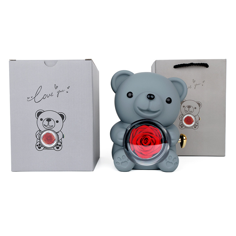 Ölelős maci és rózsa ékszerdoboz gyűrű- és nyaklánctároláshoz, tartós virágos ajándékdoboz, műanyag ékszertartó csomagolás