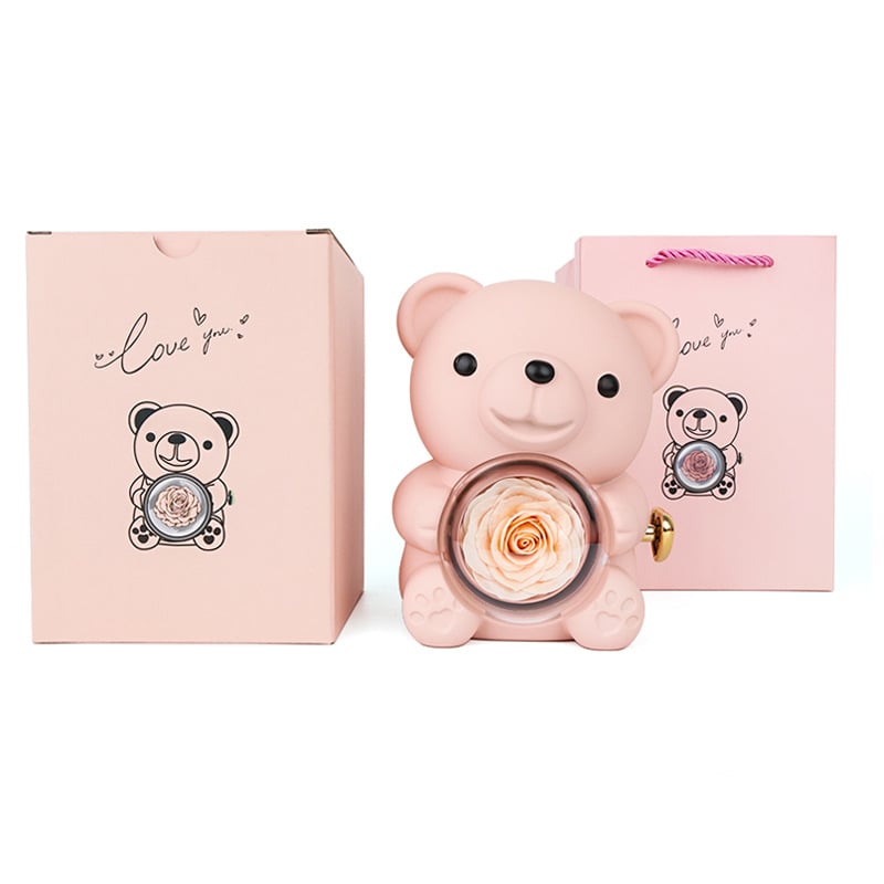 Ölelős maci és rózsa ékszerdoboz gyűrű- és nyaklánctároláshoz, tartós virágos ajándékdoboz, műanyag ékszertartó csomagolás