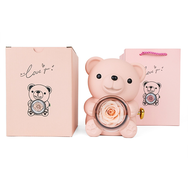 Ölelős maci és rózsa ékszerdoboz gyűrű- és nyaklánctároláshoz, tartós virágos ajándékdoboz, műanyag ékszertartó csomagolás