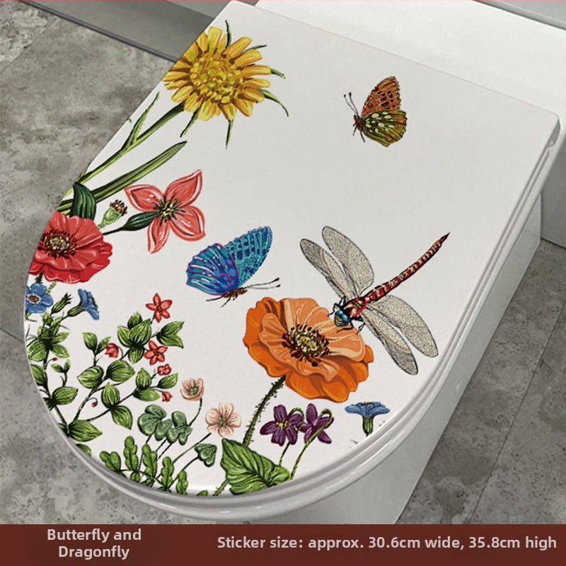 Tualeto dangtelio lipdukas - mielas delfinas, ranka piešti gėlės ir drugelis - PVC medžiaga, lipnios, Cartoon serija, vonios kambarys