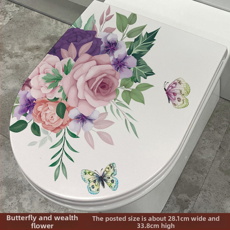 Tualeto dangtelio lipdukas - mielas delfinas, ranka piešti gėlės ir drugelis - PVC medžiaga, lipnios, Cartoon serija, vonios kambarys
