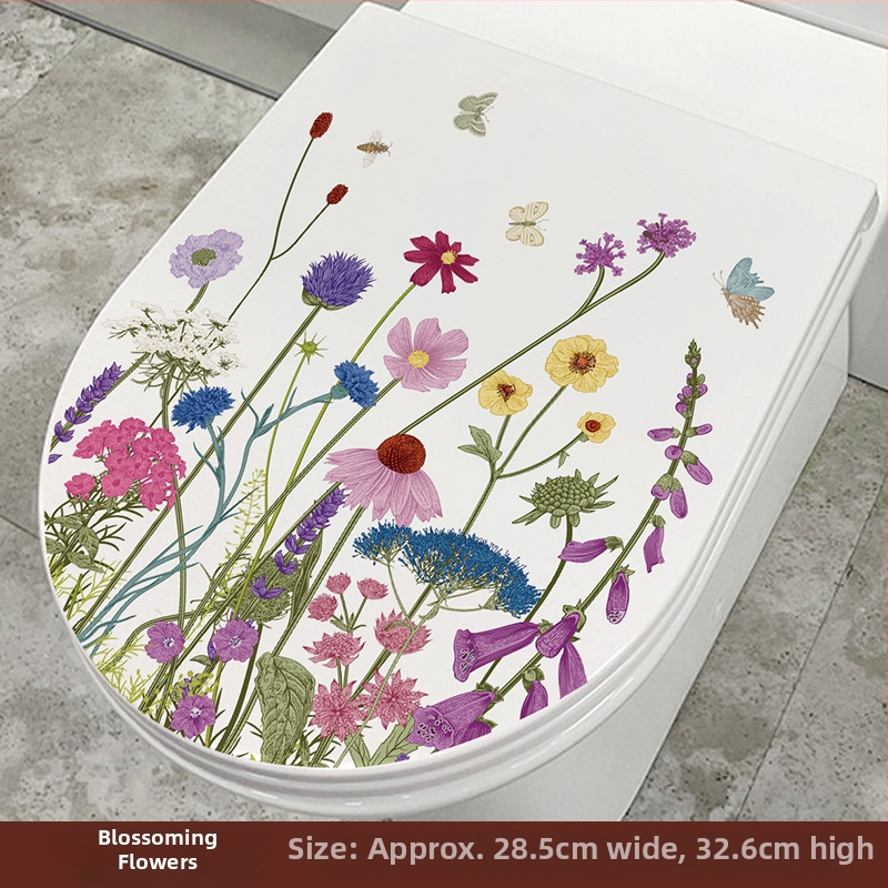 Tualeto dangtelio lipdukas - mielas delfinas, ranka piešti gėlės ir drugelis - PVC medžiaga, lipnios, Cartoon serija, vonios kambarys