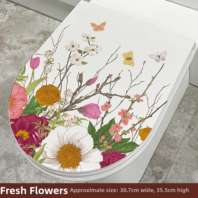 Tualeto dangtelio lipdukas - mielas delfinas, ranka piešti gėlės ir drugelis - PVC medžiaga, lipnios, Cartoon serija, vonios kambarys