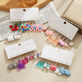 Vaisių stiliaus akrilo auskarų rinkinys, 5 vnt., 925 sidabro ausų kabliukai, elektroplakavimas, Korean Decoration World