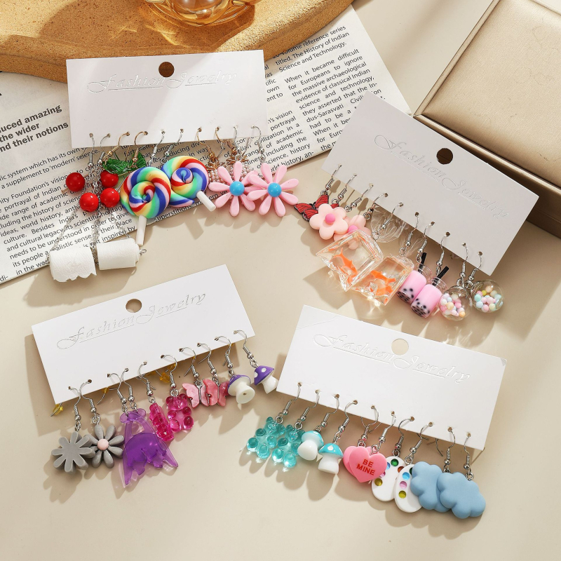 Vaisių stiliaus akrilo auskarų rinkinys, 5 vnt., 925 sidabro ausų kabliukai, elektroplakavimas, Korean Decoration World