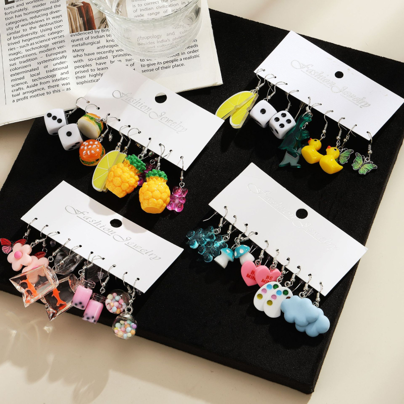 Vaisių stiliaus akrilo auskarų rinkinys, 5 vnt., 925 sidabro ausų kabliukai, elektroplakavimas, Korean Decoration World