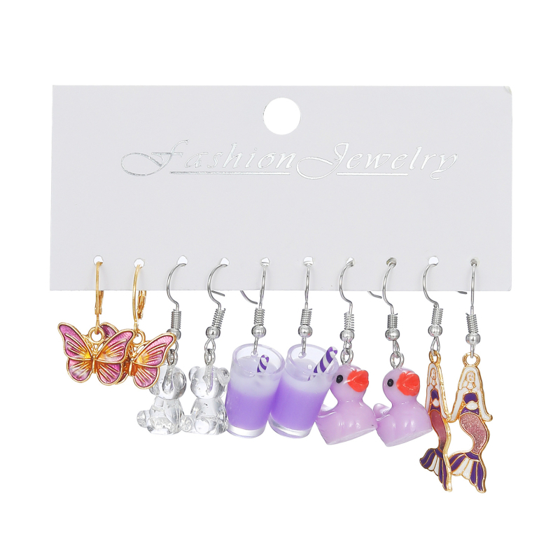 Vaisių stiliaus akrilo auskarų rinkinys, 5 vnt., 925 sidabro ausų kabliukai, elektroplakavimas, Korean Decoration World