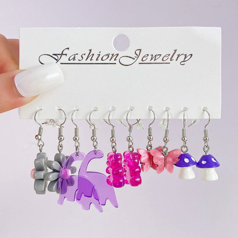 Vaisių stiliaus akrilo auskarų rinkinys, 5 vnt., 925 sidabro ausų kabliukai, elektroplakavimas, Korean Decoration World