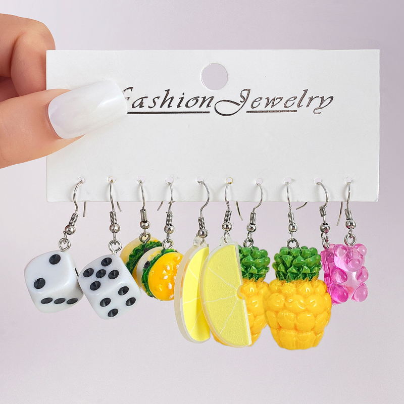 Vaisių stiliaus akrilo auskarų rinkinys, 5 vnt., 925 sidabro ausų kabliukai, elektroplakavimas, Korean Decoration World