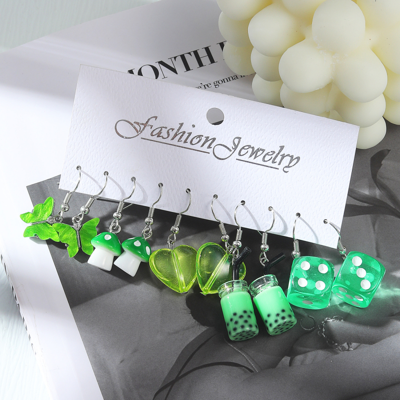 Vaisių stiliaus akrilo auskarų rinkinys, 5 vnt., 925 sidabro ausų kabliukai, elektroplakavimas, Korean Decoration World