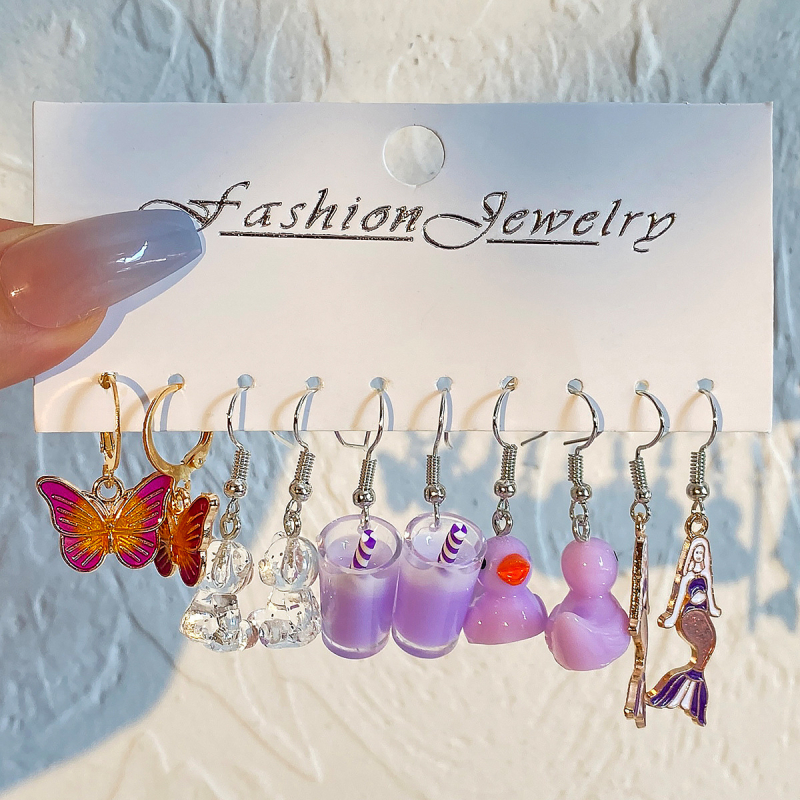 Vaisių stiliaus akrilo auskarų rinkinys, 5 vnt., 925 sidabro ausų kabliukai, elektroplakavimas, Korean Decoration World