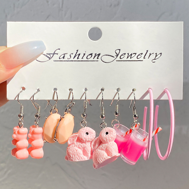 Vaisių stiliaus akrilo auskarų rinkinys, 5 vnt., 925 sidabro ausų kabliukai, elektroplakavimas, Korean Decoration World