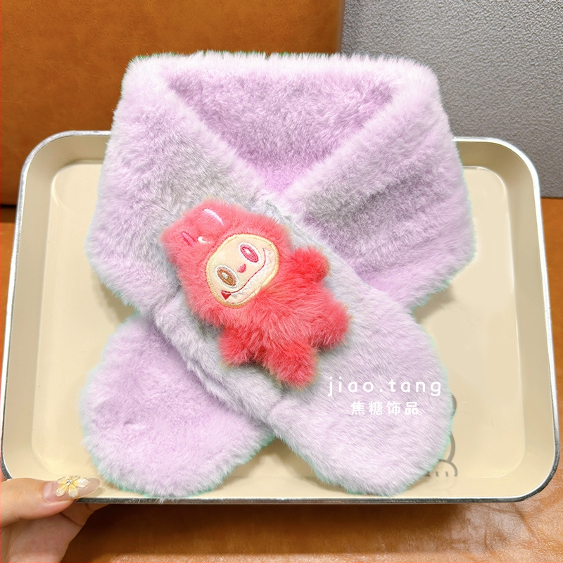 Detský unisex šál — plyšový materiál, kreslený vzor, jacquard pletenie, udržiava teplo, vhodný pre zimu, jeseň a jar