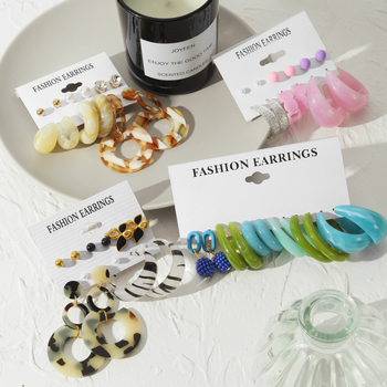 Auskarų rinkinys – geometrinis dizainas iš plastiko/medžiagos, vaikams; formos: širdies formos, U formos ir geometriniai; nerūdijančio plieno kabliukai; aplinkai draugiška apdirbimo