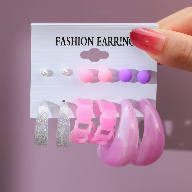 Auskarų rinkinys – geometrinis dizainas iš plastiko/medžiagos, vaikams; formos: širdies formos, U formos ir geometriniai; nerūdijančio plieno kabliukai; aplinkai draugiška apdirbimo