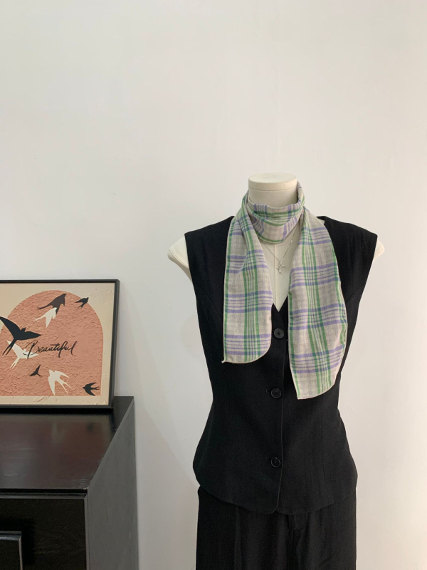 Kopljev šal s kariranim uzorkom i mašnicom za kosu, ljeto, korejski stil sladak vilinski stil, ravno tkanje