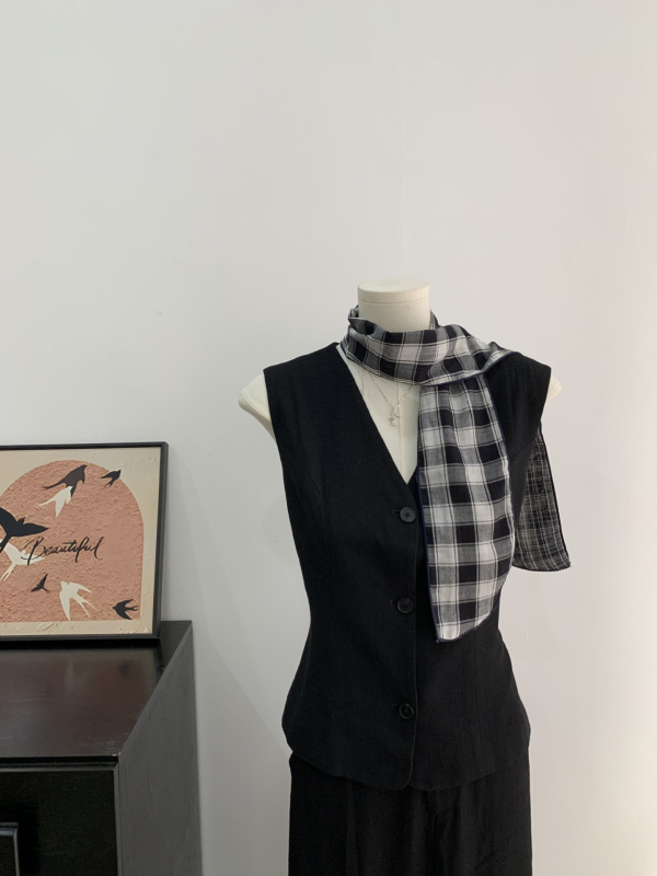Kopljev šal s kariranim uzorkom i mašnicom za kosu, ljeto, korejski stil sladak vilinski stil, ravno tkanje