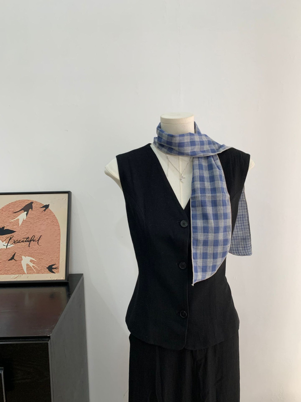Kopljev šal s kariranim uzorkom i mašnicom za kosu, ljeto, korejski stil sladak vilinski stil, ravno tkanje