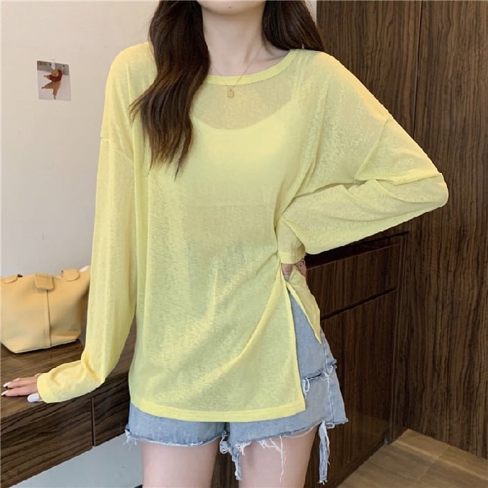 Свободно падаща тениска с дълъг ръкав за слънцезащита, с разрез, UPF50+