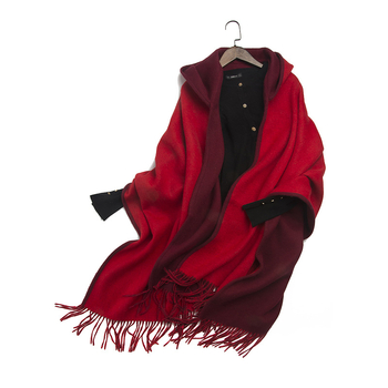 Șal femeie din lână pură, dublu față, cu ciucuri și glugă, țesătură twill, model dungat, cald, finisaj satin