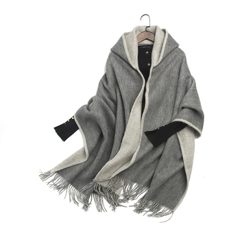 Șal femeie din lână pură, dublu față, cu ciucuri și glugă, țesătură twill, model dungat, cald, finisaj satin