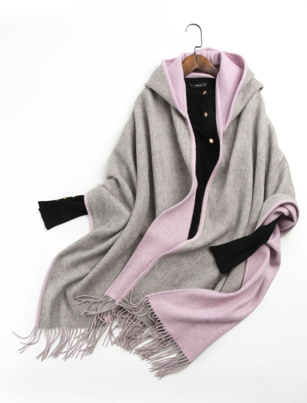 Șal femeie din lână pură, dublu față, cu ciucuri și glugă, țesătură twill, model dungat, cald, finisaj satin