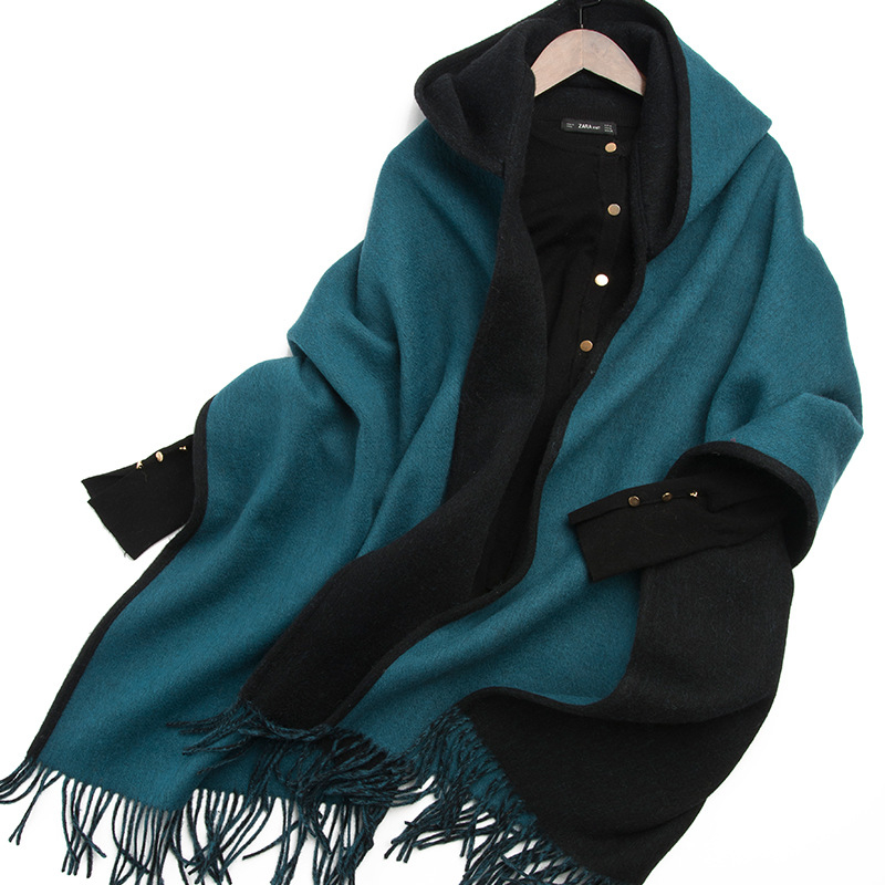 Șal femeie din lână pură, dublu față, cu ciucuri și glugă, țesătură twill, model dungat, cald, finisaj satin