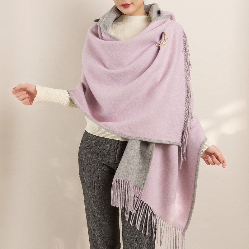 Șal femeie din lână pură, dublu față, cu ciucuri și glugă, țesătură twill, model dungat, cald, finisaj satin