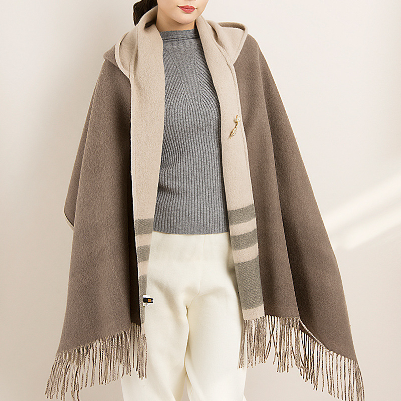 Șal femeie din lână pură, dublu față, cu ciucuri și glugă, țesătură twill, model dungat, cald, finisaj satin