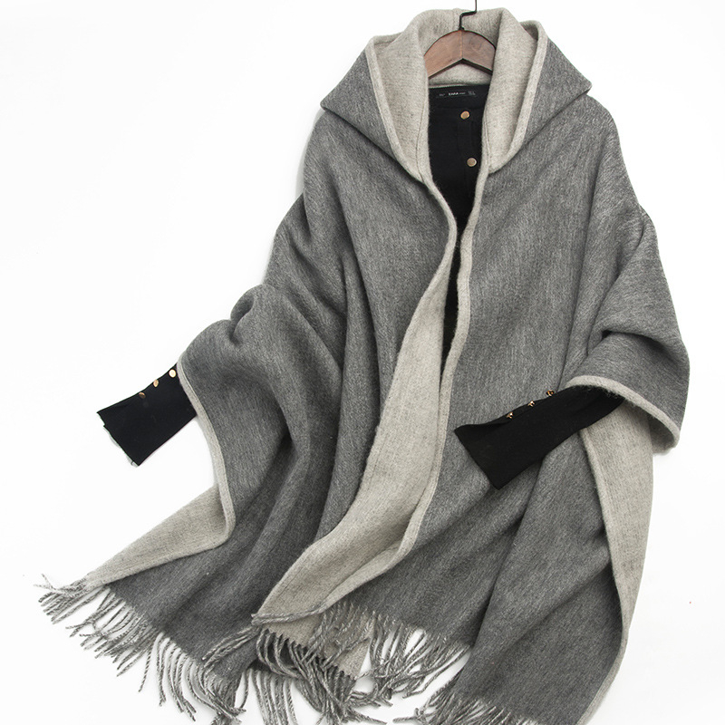 Șal femeie din lână pură, dublu față, cu ciucuri și glugă, țesătură twill, model dungat, cald, finisaj satin