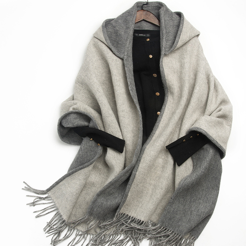 Șal femeie din lână pură, dublu față, cu ciucuri și glugă, țesătură twill, model dungat, cald, finisaj satin