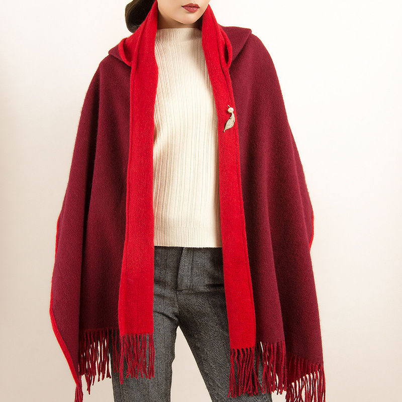 Șal femeie din lână pură, dublu față, cu ciucuri și glugă, țesătură twill, model dungat, cald, finisaj satin