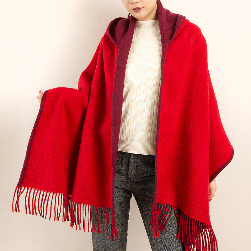 Șal femeie din lână pură, dublu față, cu ciucuri și glugă, țesătură twill, model dungat, cald, finisaj satin