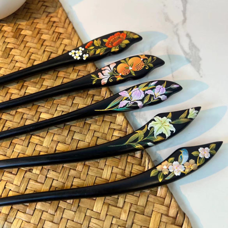 Ac de păr din abanos, stil minimalist, decor floral lacuit, origine Dongyang, vară 2024