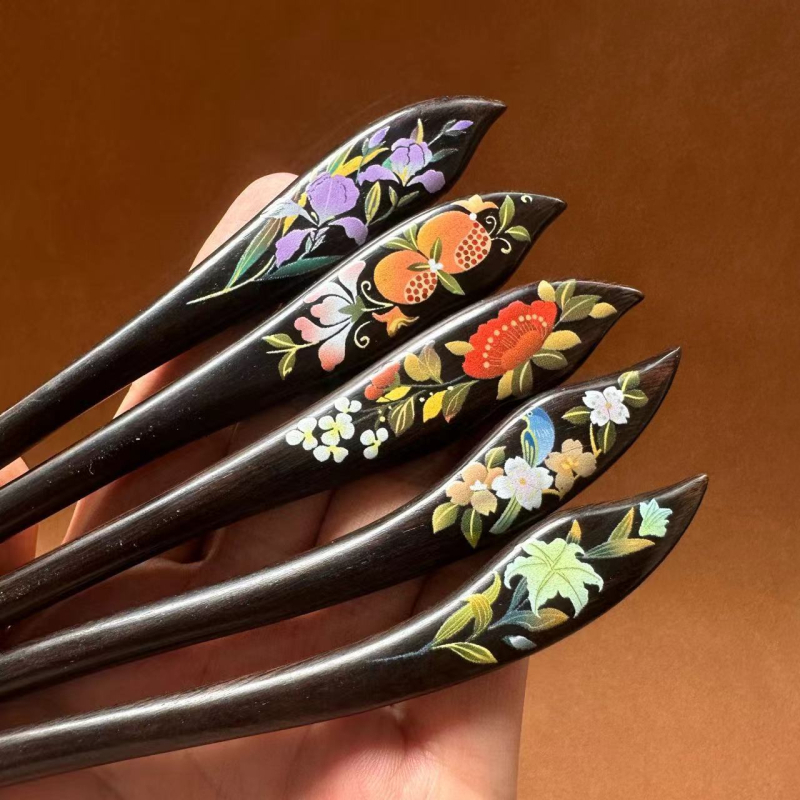 Ac de păr din abanos, stil minimalist, decor floral lacuit, origine Dongyang, vară 2024