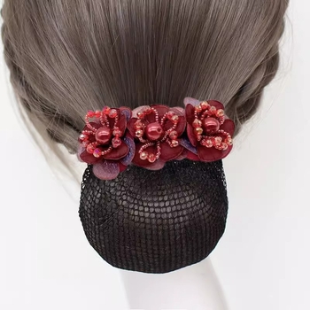Дамски аксесоар за коса с перлена цветна розета и пружинен щипка, плат, минималистичен стил, ръчна изработка