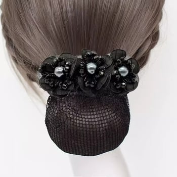 Дамски аксесоар за коса с перлена цветна розета и пружинен щипка, плат, минималистичен стил, ръчна изработка