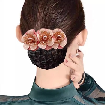 Дамски аксесоар за коса с перлена цветна розета и пружинен щипка, плат, минималистичен стил, ръчна изработка
