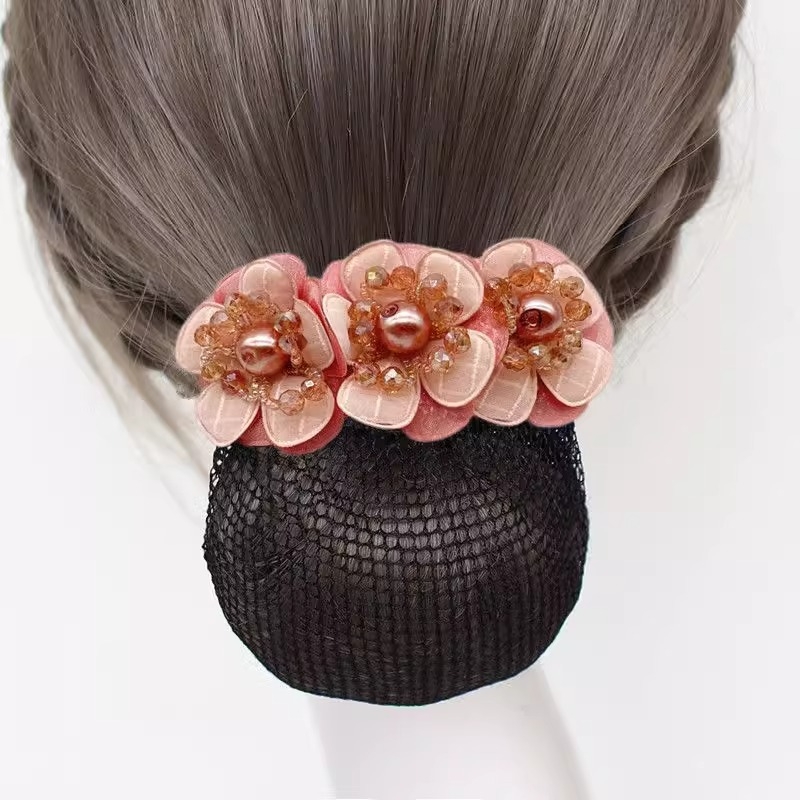 Дамски аксесоар за коса с перлена цветна розета и пружинен щипка, плат, минималистичен стил, ръчна изработка