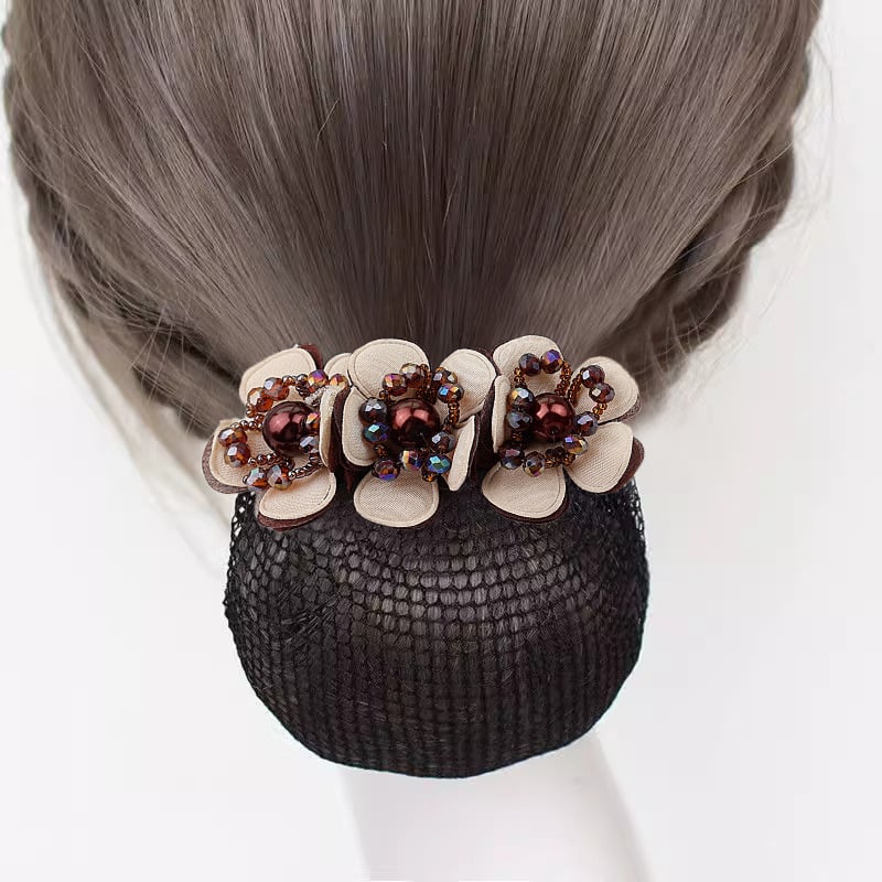 Дамски аксесоар за коса с перлена цветна розета и пружинен щипка, плат, минималистичен стил, ръчна изработка