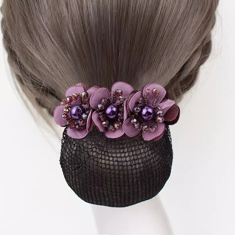 Дамски аксесоар за коса с перлена цветна розета и пружинен щипка, плат, минималистичен стил, ръчна изработка