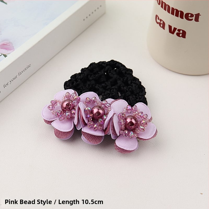 Дамски аксесоар за коса с перлена цветна розета и пружинен щипка, плат, минималистичен стил, ръчна изработка