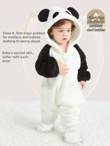 Bebriuko kombinezonas su Panda motyvu, gobtuvu iš Sherpa pūkų, storas audinys, užtrauktukas, amžius 1–3 metų (aukštis 80–100 cm)